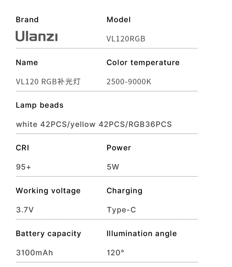 Luz de Vídeo RGB Ulanzi VL120 com Difusor – Painel LED 2500-9000K Bateria de 3100mAh - Ideal para Câmera  Smartphone Fotografia
