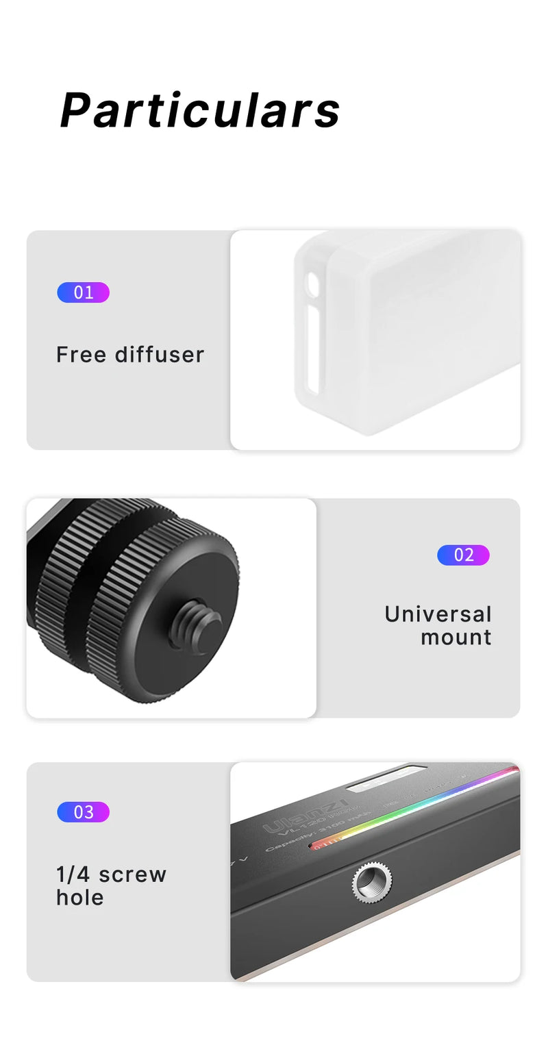 Luz de Vídeo RGB Ulanzi VL120 com Difusor – Painel LED 2500-9000K Bateria de 3100mAh - Ideal para Câmera  Smartphone Fotografia