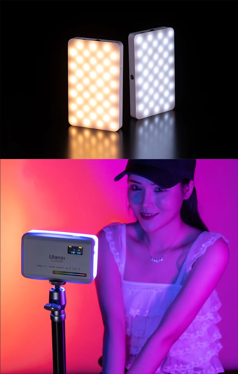Luz de Vídeo RGB Ulanzi VL120 com Difusor – Painel LED 2500-9000K Bateria de 3100mAh - Ideal para Câmera  Smartphone Fotografia