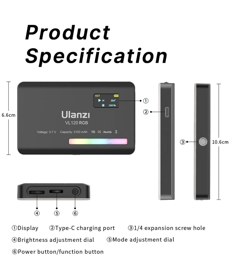 Luz de Vídeo RGB Ulanzi VL120 com Difusor – Painel LED 2500-9000K Bateria de 3100mAh - Ideal para Câmera  Smartphone Fotografia