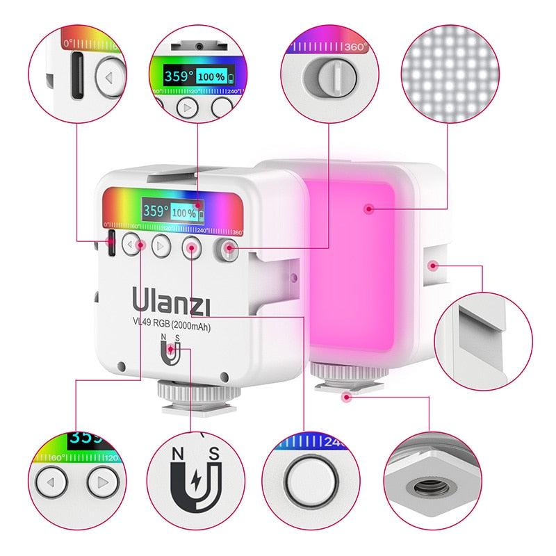 LED Luz de Preenchimento Ulanzi VL49 RGB - Modelo 2023 Luz para Efeito em Vídeos e Fotos - 2500K-9000K 800LUX