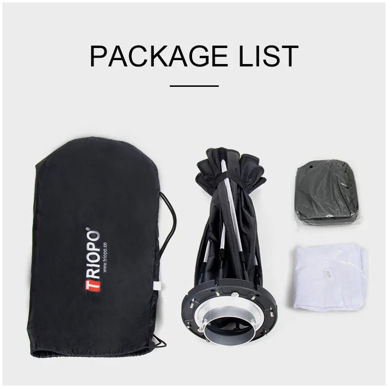 Softbox TRIOPO 90cm com Grade Colmeia - Montagem Bowens - Perfeito para Uso Externo Interno