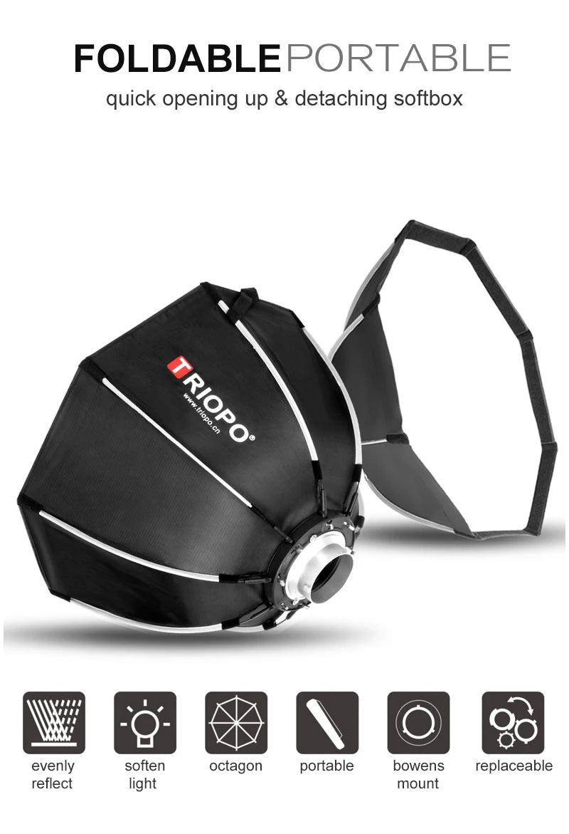 Softbox TRIOPO 90cm com Grade Colmeia - Montagem Bowens - Perfeito para Uso Externo Interno