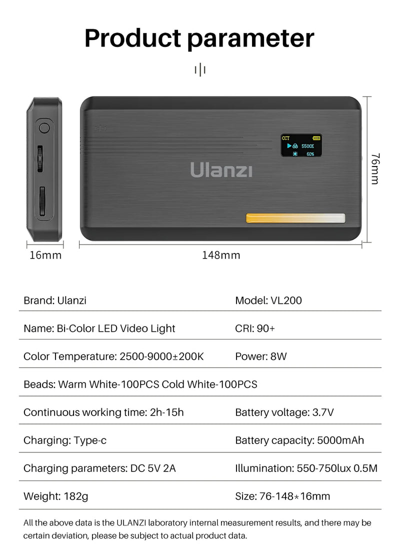Luz de Vídeo LED Ulanzi VL200 com Difusor Soft – Luz Profissional de Preenchimento para Câmeras - Ideal para Lives YouTube