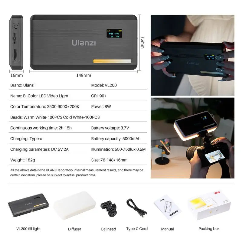 Luz de Vídeo LED Ulanzi VL200 com Difusor Soft – Luz Profissional de Preenchimento para Câmeras - Ideal para Lives YouTube