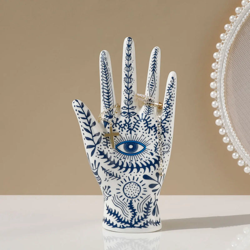 Suporte de Joias Olho de Fátima – Expositor de Cerâmica em Forma de Mão, Ideal para Colares, Pulseiras e Anéis
