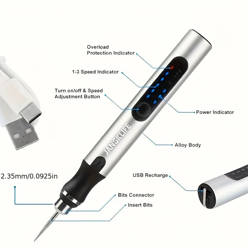 Caneta de Gravação Sem Fio Alta Rotação Kit Completo – Mini Furadeira para Trabalhos Manuais em Madeira, Joias, Metal e Vidro