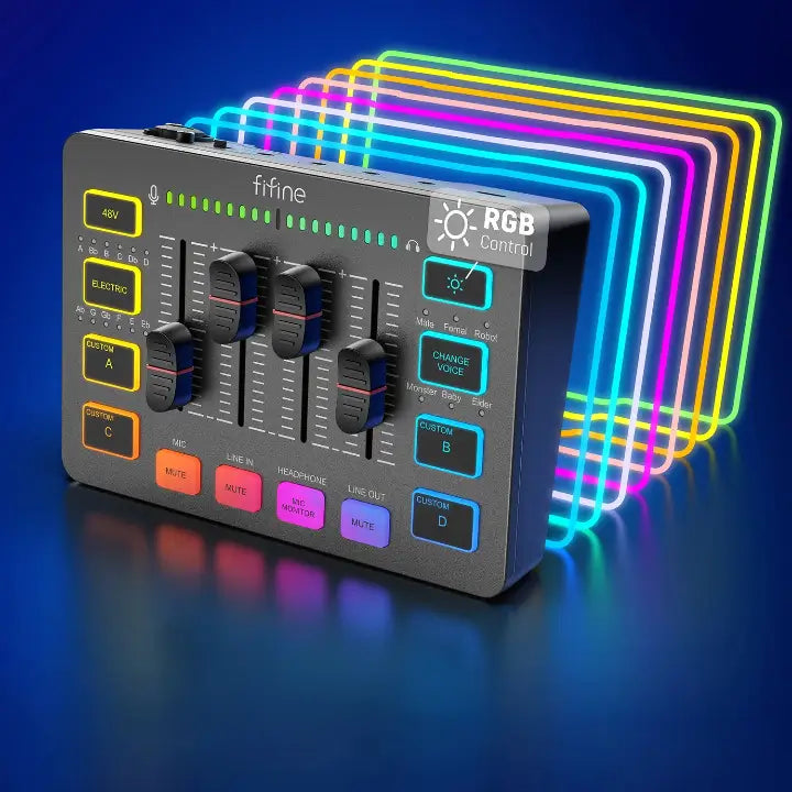Mixer de Áudio FIFINE AmpliGame SC3 RGB - 4 Canais para Transmissão de Vídeos, Lives, Partidas de Jogos - Interface de Microfone XLR para Podcasts