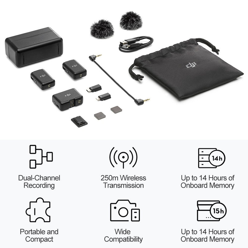 Microfone DJI MIC Kit Completo - Alcance de 250 metros, até 15 Horas de Gravação em Dois Canais, Memória interna, Portátil, Última Geração