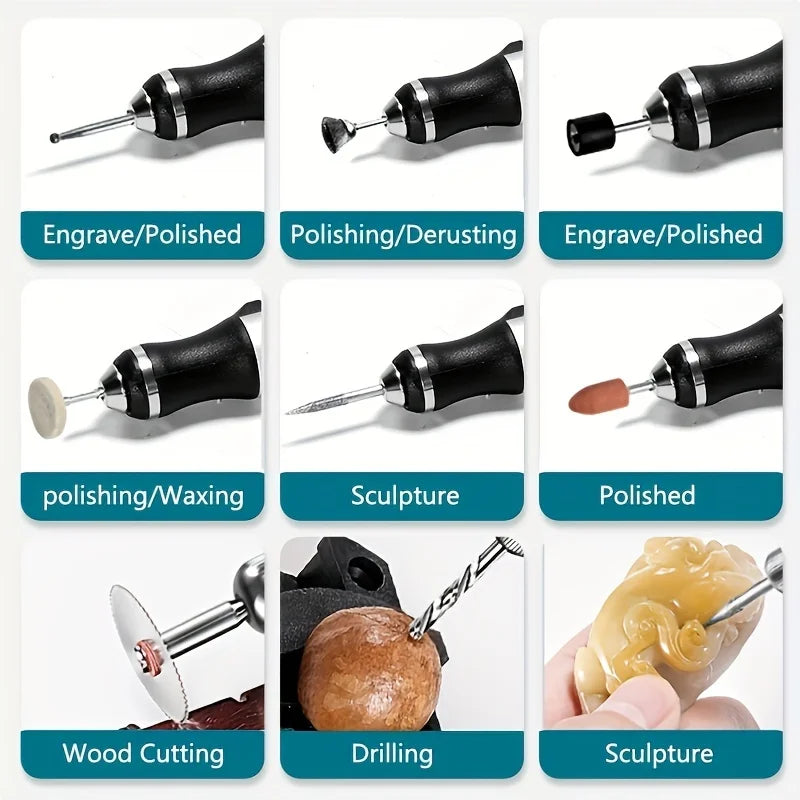 Caneta de Gravação Sem Fio Alta Rotação Kit Completo – Mini Furadeira para Trabalhos Manuais em Madeira, Joias, Metal e Vidro