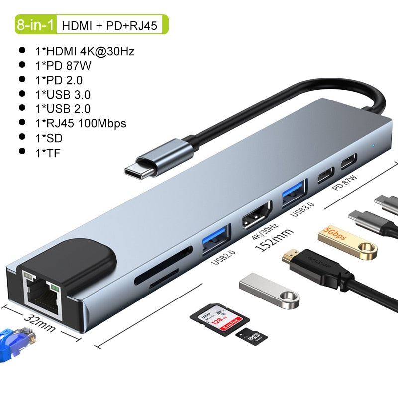 Adaptador HUB Conexão Tipo C - Estação de Conexão  HDMI, USB, PD, SD, TF, RJ45 para Notebook, MacBook, iPad Pro