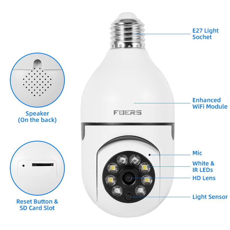 Câmera Lâmpada Smart WiFi suporta Tuya e Alexa - Visão Noturna, Rastreio Automático e Zoom de 4x