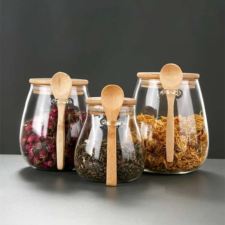 Pote Hermético em Vidro com Tampa de Bambu - para Açúcar Café Temperos Doces