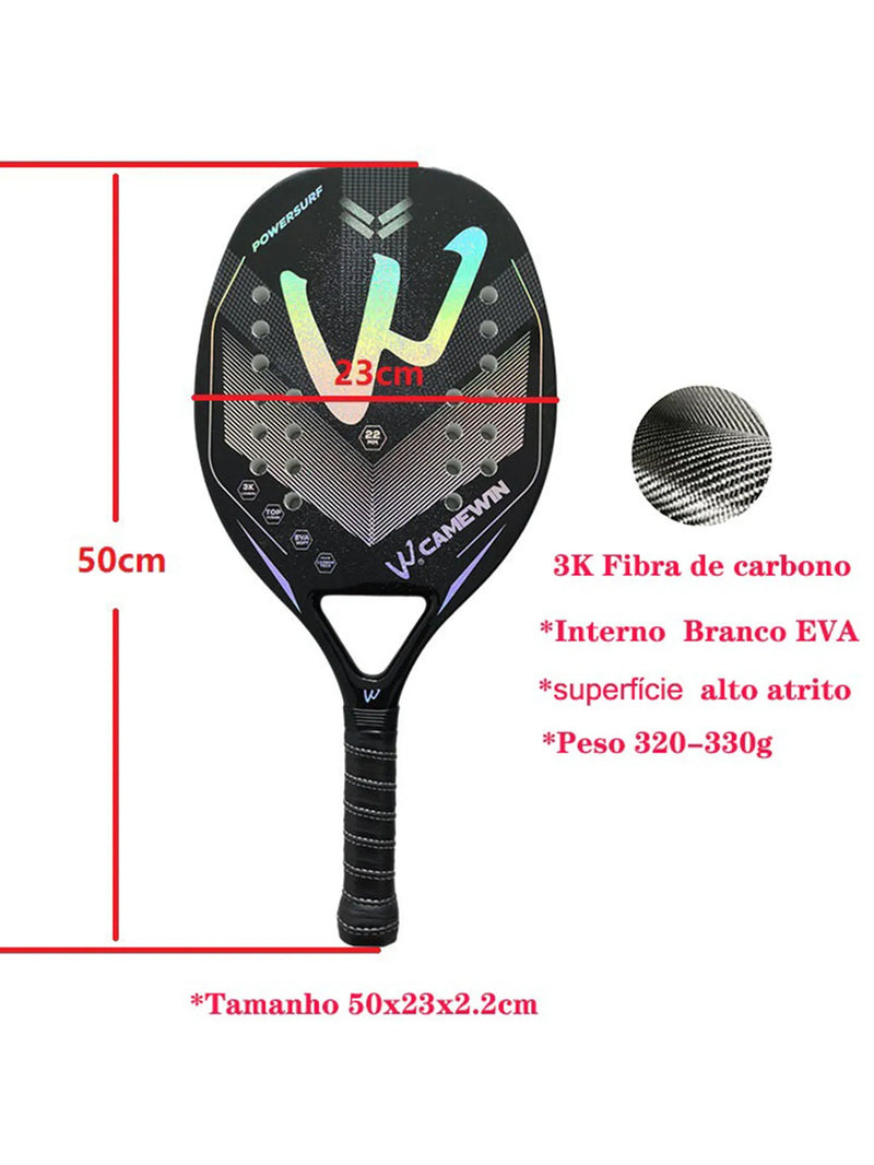 Raquete de Beach Tennis Camewin em Fibra de Carbono 3k Premium - Superfície Rugosa Completa