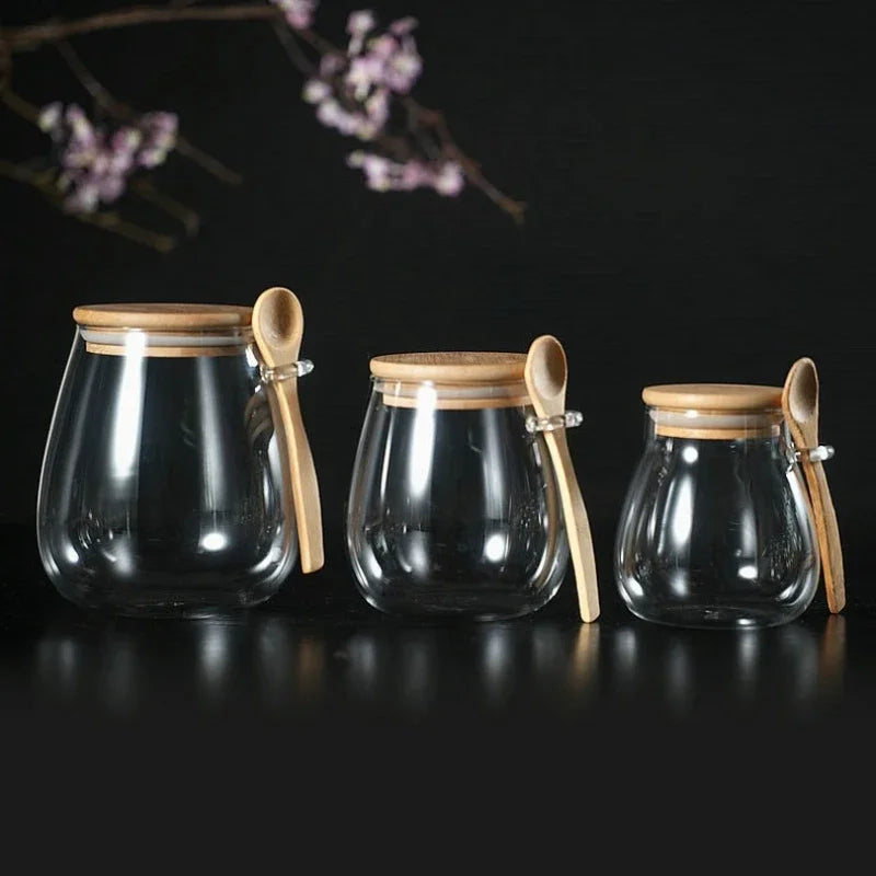 Pote Hermético em Vidro com Tampa de Bambu - para Açúcar Café Temperos Doces