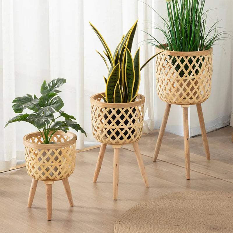 Vaso Decorativo de Plantas em Bambu e Madeira Artesanal - Suporte de Plantas e Flores Decoração de Interiores