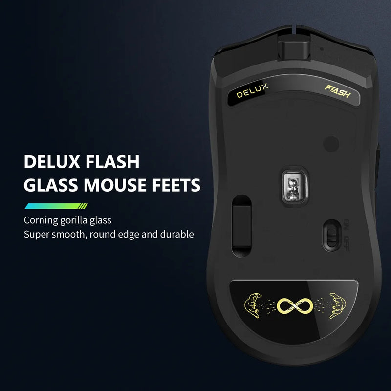 Mouse Gamer Delux M800 PRO PAW3395 sem Fio - Conexão Bluetooth Tri-Mode, 26000DPI, Switches Huano Rosa, Mouse Gamer