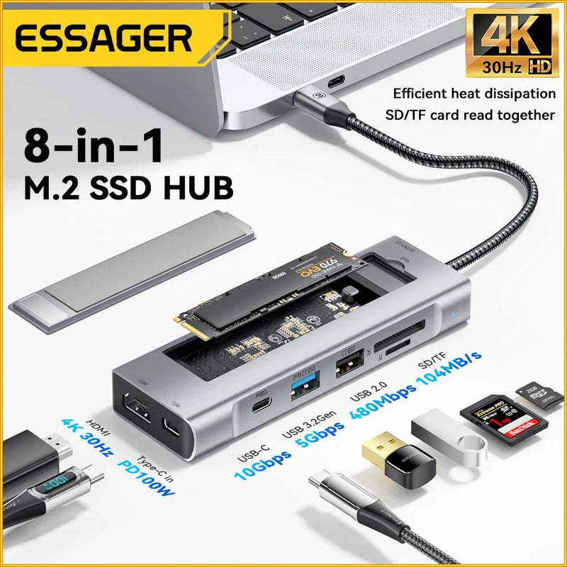 HUB com 8 Entradas USB USB-C HDMI Memória SSD e TF - para PC, Notebook, Macbook M1 M2