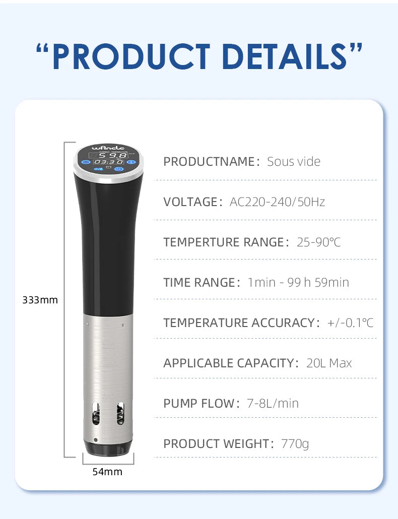 Circulador de Imersão Sous Vide Wancle 1100W com Tela Touchscreen - Cozimento Preciso Nível Profissional