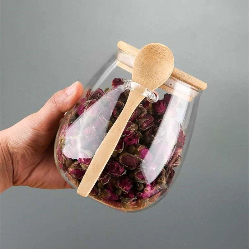 Pote Hermético em Vidro com Tampa de Bambu - para Açúcar Café Temperos Doces