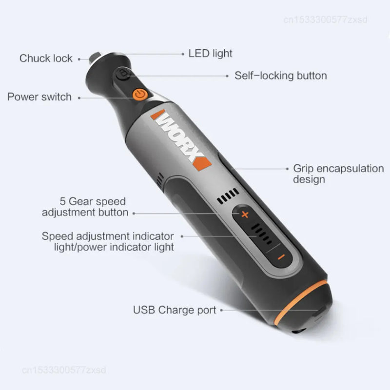 Micro Retífica Sem Fio Profissional Worx WX106 - para Gravura Polimento Lixamento - Ferramenta Rotativa 8v Com Carregador USB