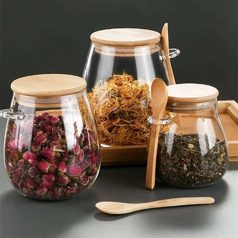 Pote Hermético em Vidro com Tampa de Bambu - para Açúcar Café Temperos Doces