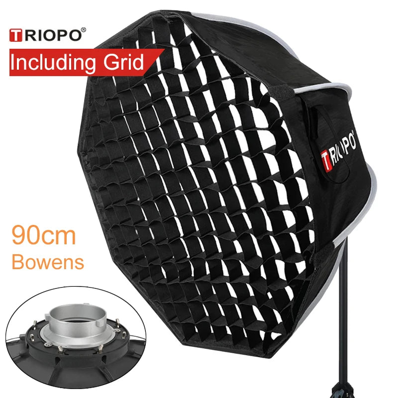 Softbox TRIOPO 90cm com Grade Colmeia - Montagem Bowens - Perfeito para Uso Externo Interno