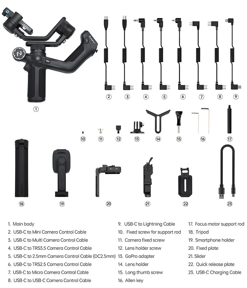 Gimbal Profissional SCORP Mini 2 FeiyuTech - Estabilizador 3 Eixos para Câmeras DSRL Câmeras de Ação e Smartphones - com Rastreamento IA