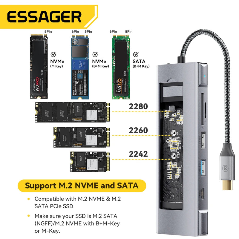 HUB com 8 Entradas USB USB-C HDMI Memória SSD e TF - para PC, Notebook, Macbook M1 M2