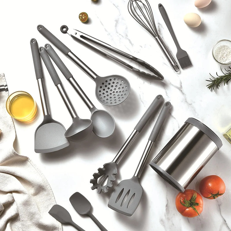 Conjunto Utensílios de Cozinha Premium Inox - com Base Rotatória 360 Graus –  Silicone Não Tóxico - Espátula, Colher, Raspador, Escova e Virador de Assados