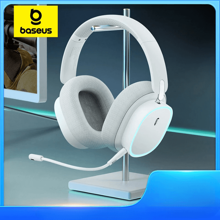 Headphone Baseus GH02 Sem Fio LED RGB - Anti Ruído com Microfone Removível Bluetooth 5.3 Cabo e Dongle 2.4G - Gamer