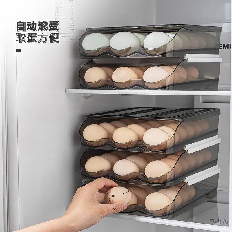 Bandeja Organizadora para Ovos com Rolamento Automático - Rack Multicamadas Dispensador de Ovos