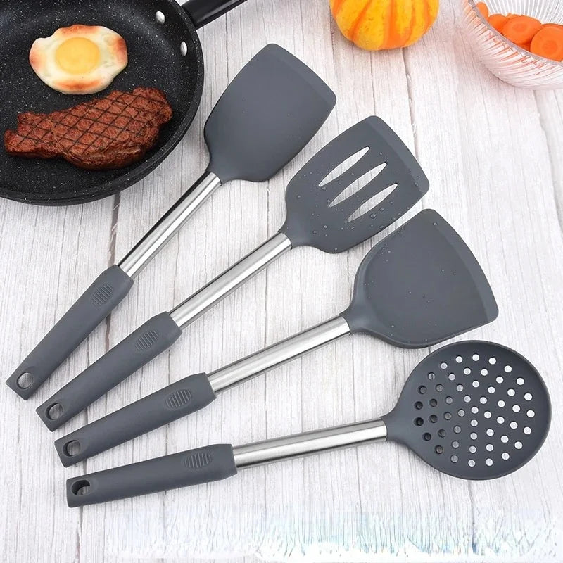 Conjunto Utensílios de Cozinha Premium Inox - com Base Rotatória 360 Graus –  Silicone Não Tóxico - Espátula, Colher, Raspador, Escova e Virador de Assados
