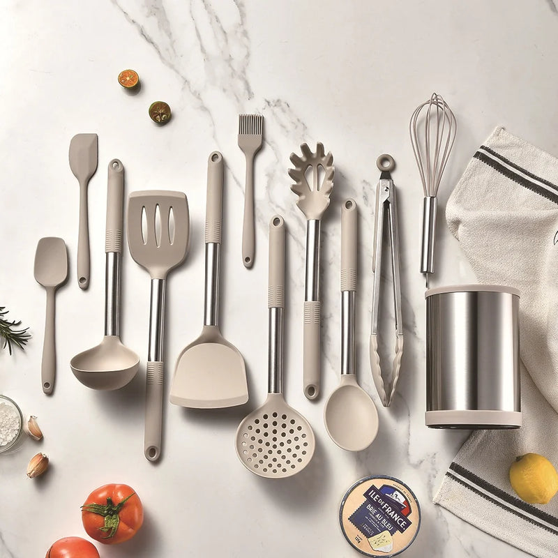 Conjunto Utensílios de Cozinha Premium Inox - com Base Rotatória 360 Graus –  Silicone Não Tóxico - Espátula, Colher, Raspador, Escova e Virador de Assados
