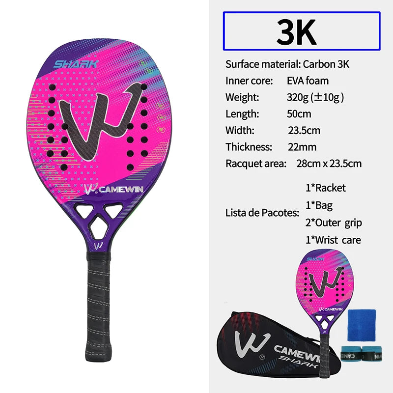 Raquete Beach Tennis WCamewin em Carbono 3K 2024 - Fibra de Carbono Premium Superfície Rugosa