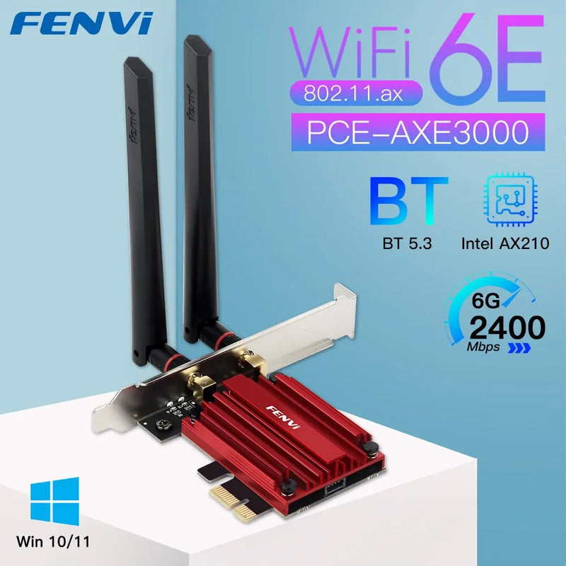 Placa Adaptador Antena de WiFi AX210 - WiFi 6.0E, PCIE 5374Mbps - Banda Tripla 2.4G, 5G, 6Ghz - Compatível com Bluetooth 5.3 - para PC Windows