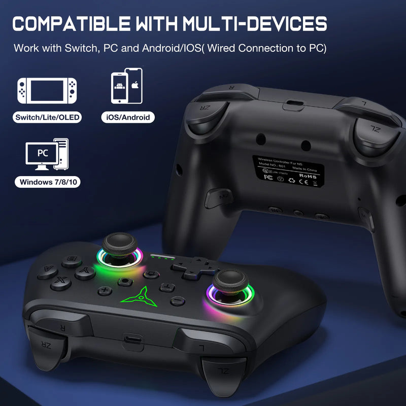 Controle de Jogos Dinofire Bluetooth RGB - com Vibração e Click Rápido - Sem fio para PC, PlayStation, Xbox