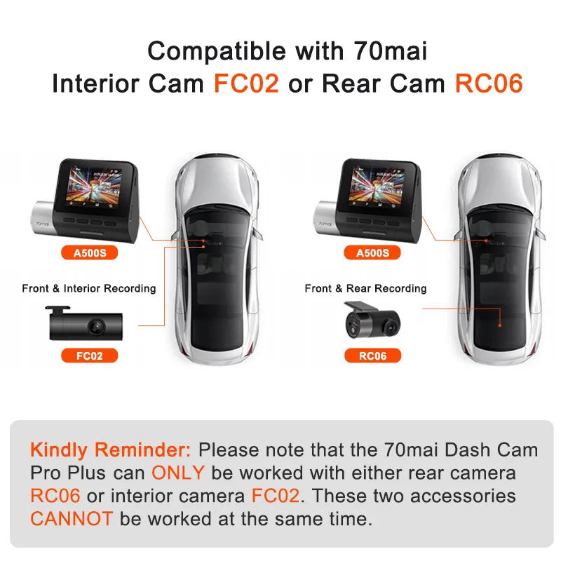 Câmera Veicular 70mai Pro Plus A500S - com GPS e ADAS - Imagem HD 2k com Suporte para Câmera Traseira