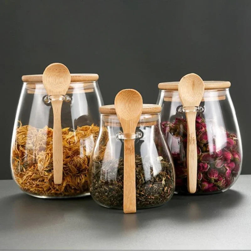 Pote Hermético em Vidro com Tampa de Bambu - para Açúcar Café Temperos Doces