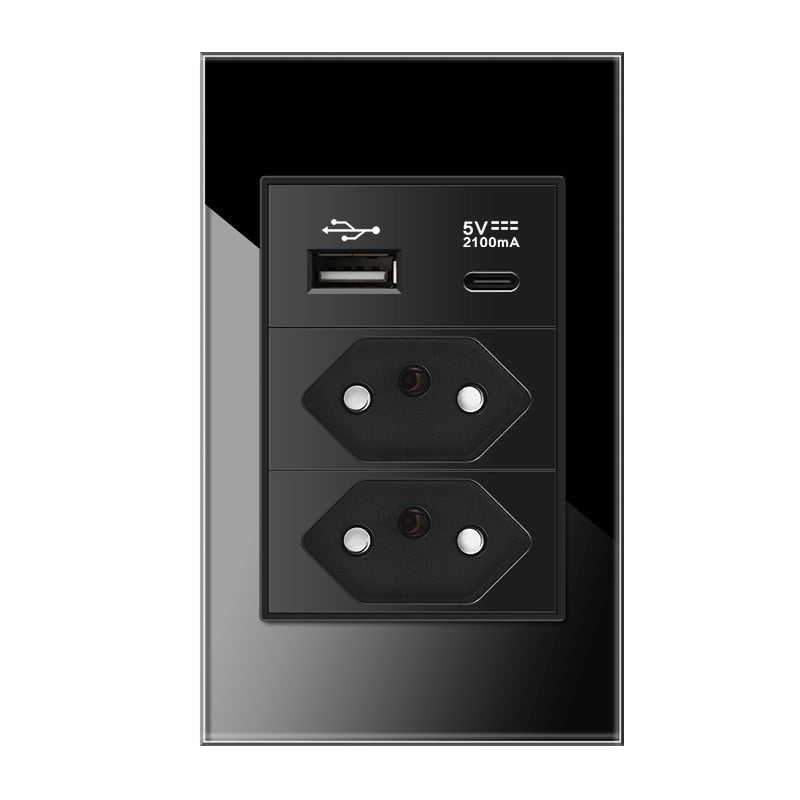 Tomada de Parede com USB Rápido - Painel em Vidro - Anti Chamas, Carregamento Rápido 20A