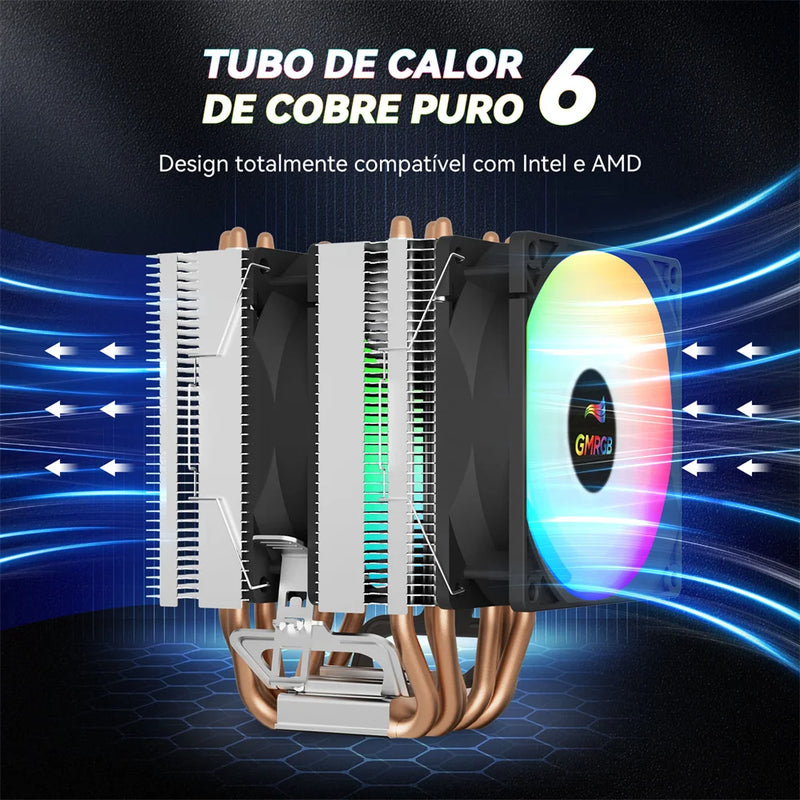 Cooler para CPU com 6 Tubos de Resfriamento - com Fan LED RGB - Silencioso, Compatível com Intel LGA 1700, 775, 1200, 1150, 1151, 1155, 2011, X79, X99, AM2, AM3, AM4