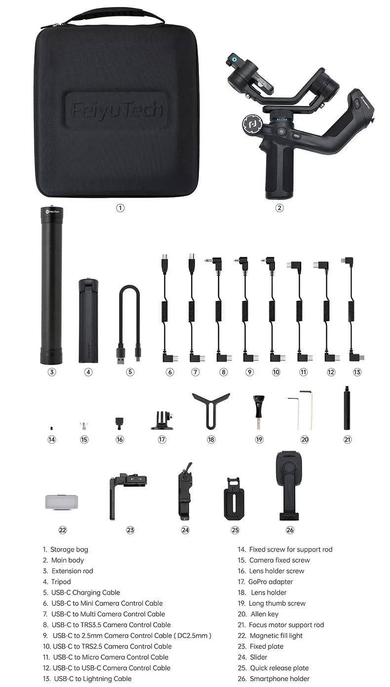 Gimbal Profissional SCORP Mini 2 FeiyuTech - Estabilizador 3 Eixos para Câmeras DSRL Câmeras de Ação e Smartphones - com Rastreamento IA