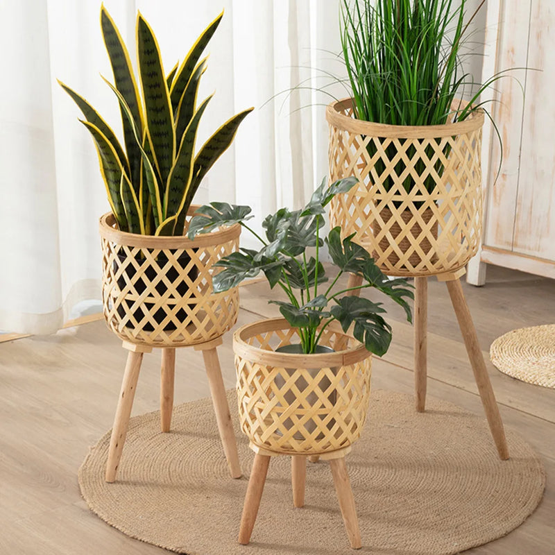 Vaso Decorativo de Plantas em Bambu e Madeira Artesanal - Suporte de Plantas e Flores Decoração de Interiores