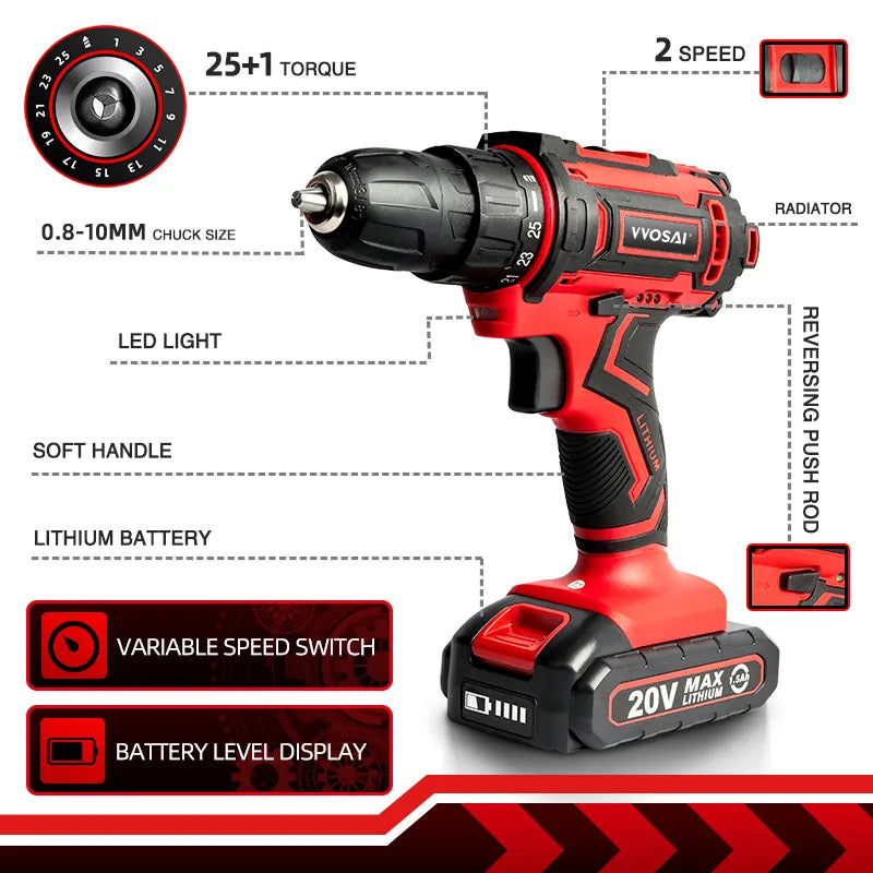 Furadeira Parafusadeira Elétrica Sem Fio de 20V - VVOSAI - Mandril de 3/8 Polegadas Bateria de Lítio Duradouro