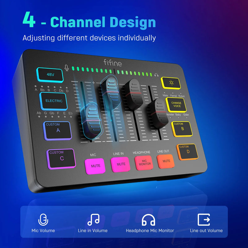 Mixer de Áudio FIFINE AmpliGame SC3 RGB - 4 Canais para Transmissão de Vídeos, Lives, Partidas de Jogos - Interface de Microfone XLR para Podcasts