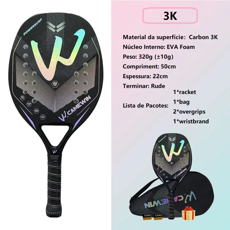 Raquete de Beach Tennis Camewin em Fibra de Carbono 3k Premium - Superfície Rugosa Completa