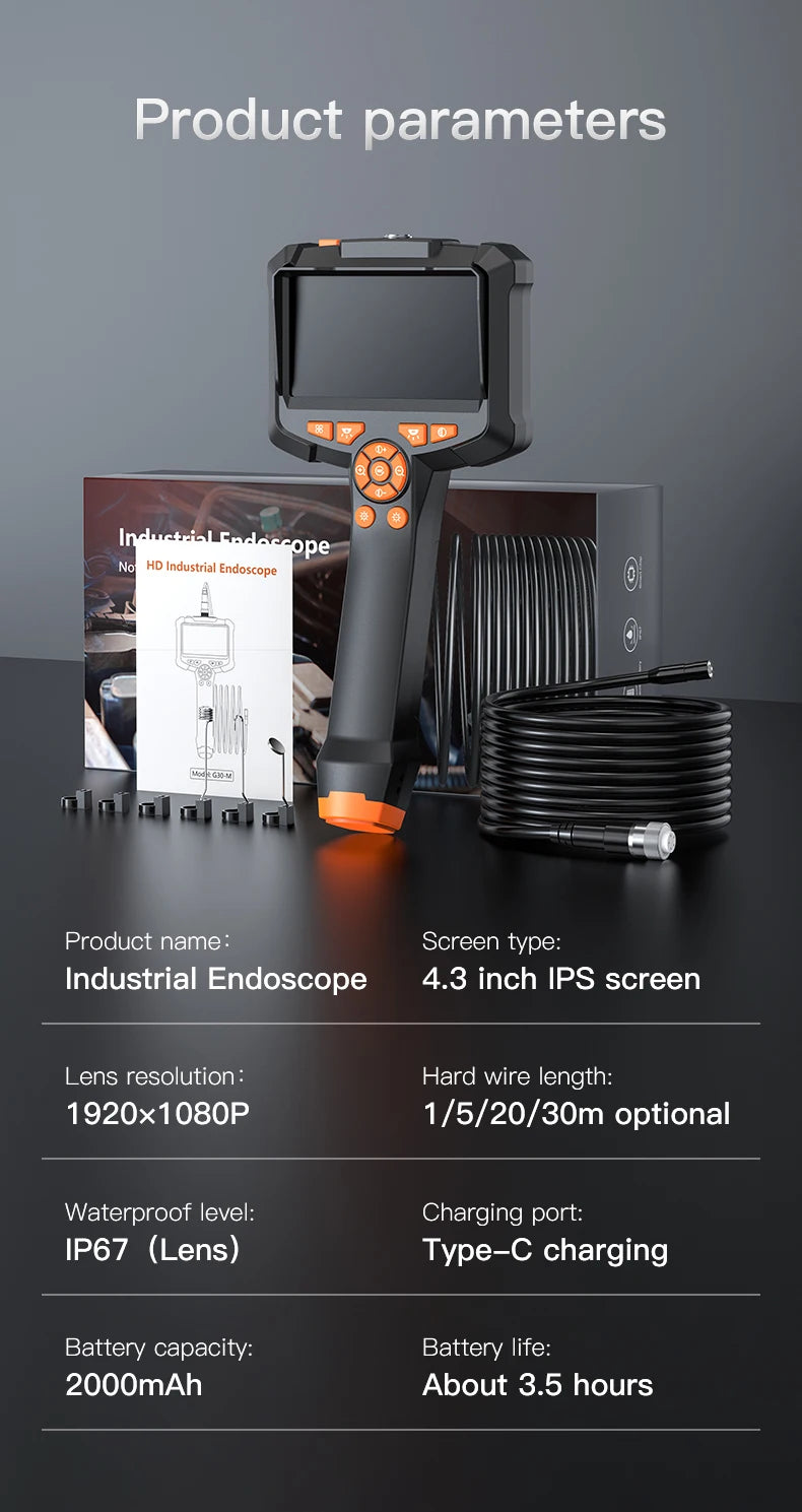 Câmera Endoscópio Industrial com Tela HD 4.3 Polegadas INSKAM – Câmera de Inspeção à Prova d'Água IP67 1080P com Lente de 8mm