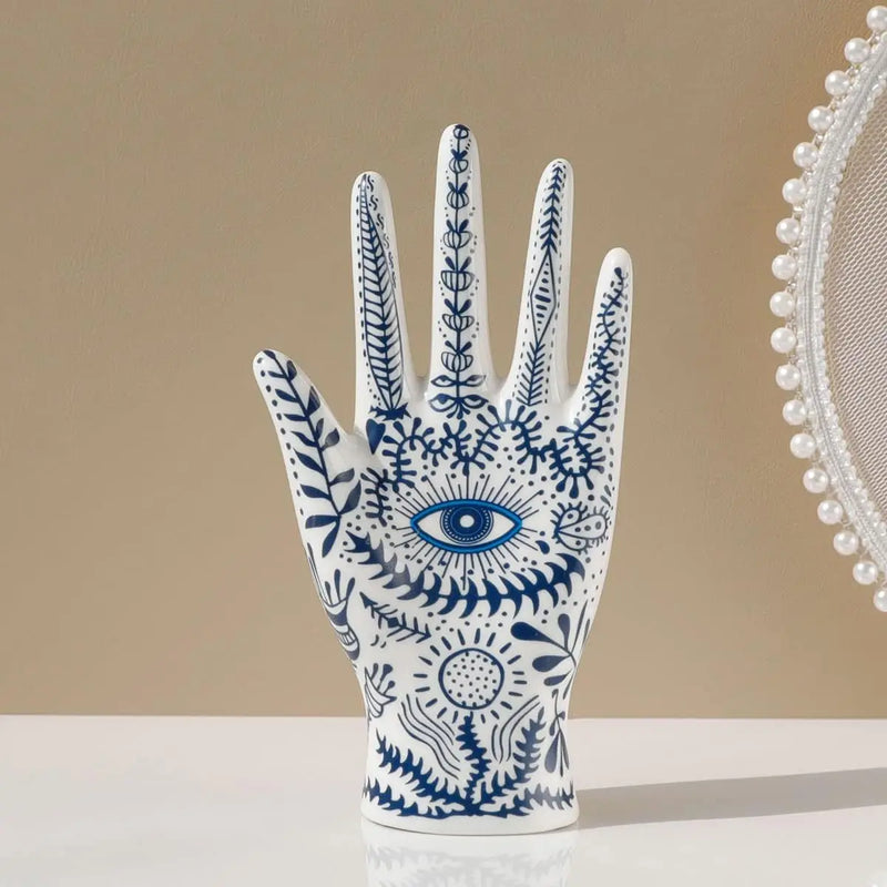 Suporte de Joias Olho de Fátima – Expositor de Cerâmica em Forma de Mão, Ideal para Colares, Pulseiras e Anéis