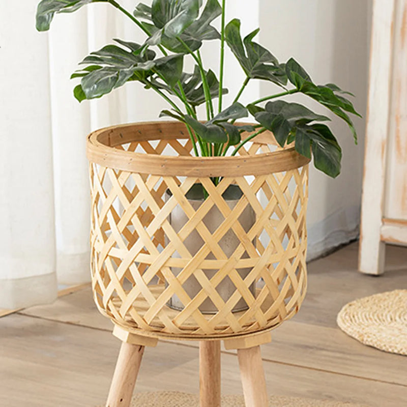 Vaso Decorativo de Plantas em Bambu e Madeira Artesanal - Suporte de Plantas e Flores Decoração de Interiores