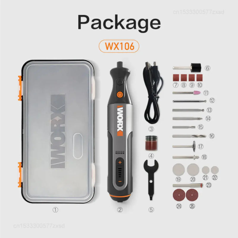 Micro Retífica Sem Fio Profissional Worx WX106 - para Gravura Polimento Lixamento - Ferramenta Rotativa 8v Com Carregador USB